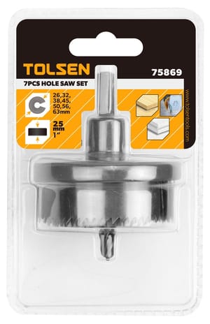 TOLSEN 7Pcs Hole Saw Set, For Wood, 25mm (1") & 50mm (2"), Bi-Metal, Double Blister | Models: 75869 | 75870