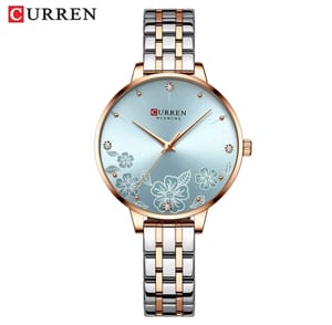 Curren 9068 Ladies Chain Watch- Floral Sea Blue Dial- Rose Golden Bezel- Rose Golden+Silver Chain- TF Code CR899CF