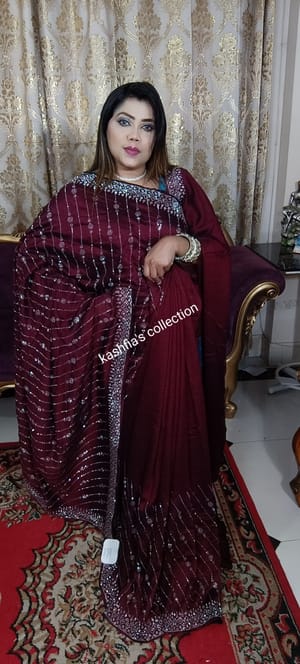 Wine Georgette Saree with All Over Stone Work