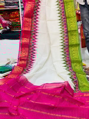 Magenta and Parrot Green Indian Madurai Cotton Saree
