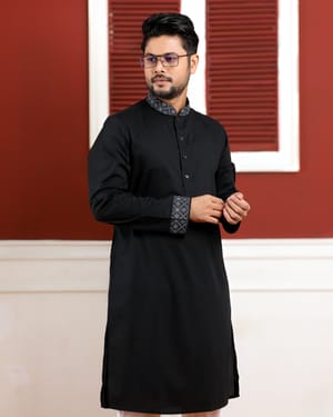 Black Panjabi with Patterned Collar and Cuffs_img_0