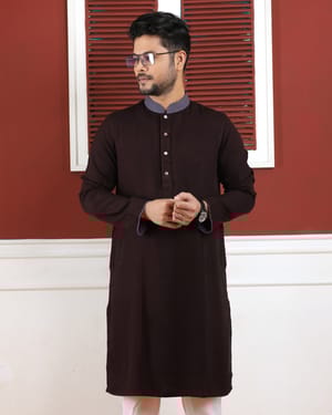 Rich Maroon Panjabi with Patterned Collar and Cuffs_img_0