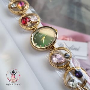 Yindini Ladies Bracelet Stone pattern || Green Dial || Multi Color Stone_img_1