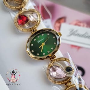 Yindini Ladies Bracelet Stone pattern || Green Dial || Multi Color Stone_img_2