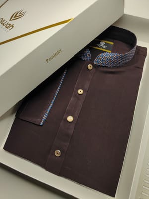 Rich Maroon Panjabi with Patterned Collar and Cuffs_img_1