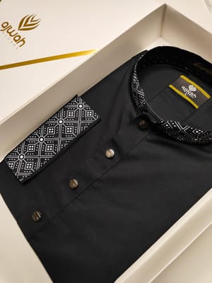 Black Panjabi with Patterned Collar and Cuffs_img_1