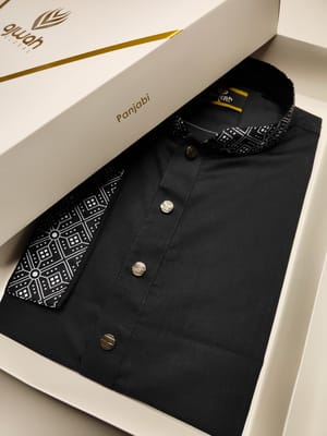 Black Panjabi with Patterned Collar and Cuffs_img_3