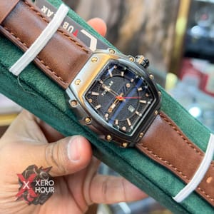 TUBULAR | RM SHAPE | AUTHENTIC LEATHER BELT | BROWN BELT | BLACK DIAL | SS BODY | BLACK BODY_img_1