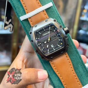 TUBULAR | RM SHAPE | AUTHENTIC LEATHER BELT | LIGHT BROWN BELT | BLACK DIAL | SS BLACK BODY_img_0