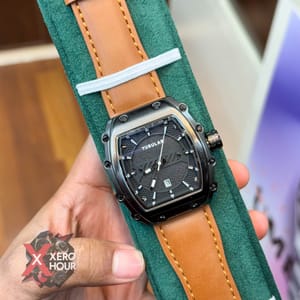 TUBULAR | RM SHAPE | AUTHENTIC LEATHER BELT | LIGHT BROWN BELT | BLACK DIAL | SS BLACK BODY_img_2