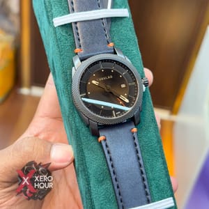 TUBULAR | FOSSIL SHAPE | AUTHENTIC LEATHER BELT | BLUE BELT | ORANGE STITCH | BLACK DIAL_img_1