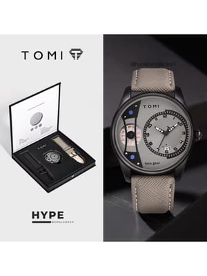 TOMI T-105 Face Gear Dual Strap Leather Belt Watch (Ash)