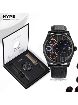 TOMI T-106 Face Gear Dual Strap Leather Belt Watch (Black)