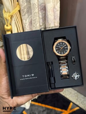 TOMI T-301 Men's Luxury Stainless Steel Watch Gift Box Set (Black-Rosegold)