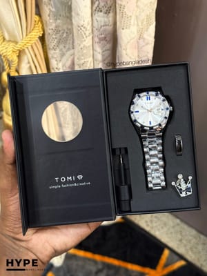 TOMI T-305 Men's Luxury Stone Stainless Steel Watch Gift Box Set (White)