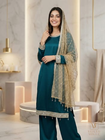 Sea green Premium Royal Crepe Silk Pakistani Cut Lace work 3pc