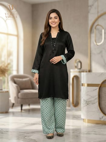 Black & pastel Premium Royal Crepe Silk Pakistani Cut Lace Work Co-Ord
