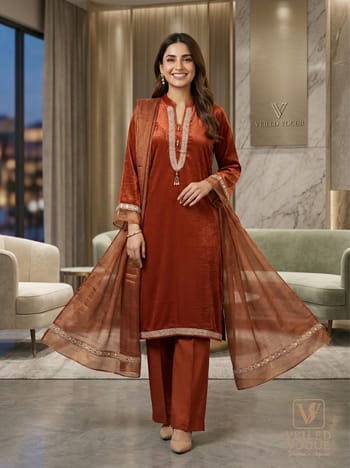 Brick Colour Velvet Silk Pakistani Cut Karchupi Lace Work 3 pcs