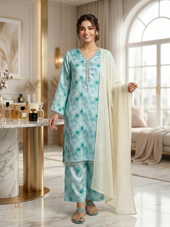 Lemon Shaded Sky blue jacquard Silk Pakistani Cut Lace Work 3 pcs
