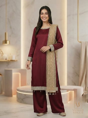 Maroon Premium Royal Crepe Silk Pakistani Cut Lace work 3pc (Copy)