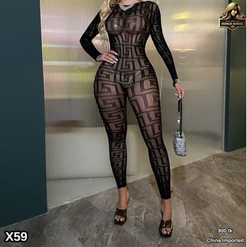 Women’s Black Sheer Mesh Bodysuit Jumpsuit – Long Sleeve Sexy See-Through Bodycon Outfit
