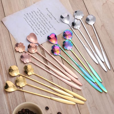 16 Pcs long handle gold-plated flower spoon/mixing spoon/cherry blossom/heart-shaped spoon rose spoon