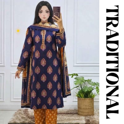 Ethnic Printed Three Piece for Women – Navy Blue & Rust Orange