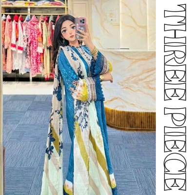 Teal Blue Printed Lawn Three Piece Suit