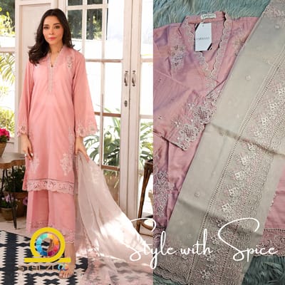 3 Piece Ready to wear Raw Silk Embroidered | Lakhany-Pink (Imported form Pakistan) - Image 3