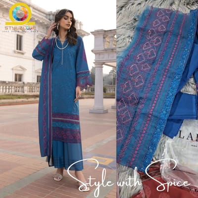 3 Piece Unstitched Embroidered Lawn | Lakhany-Blue - Image 3