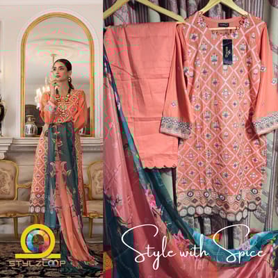 3 Piece BAHAR Stitched Elegant Lawn Collection | Regalia- ORANGE (Imported from Pakistan) - Image 2