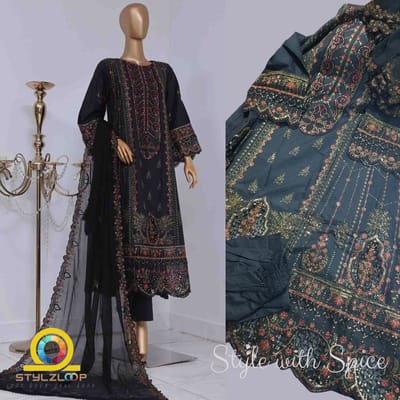 3 Piece Stitched Luxury Self Embroidered Frock Elegant Lawn Collection | Bin Saeed-Black Frock (Imported from Pakistan) - Image 2