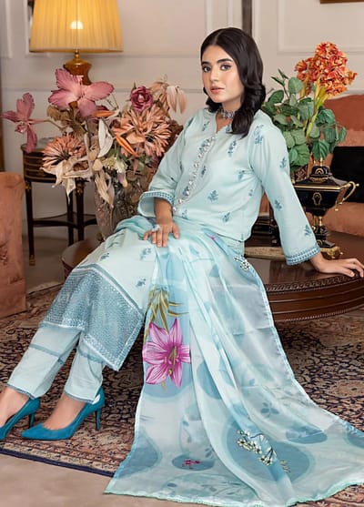 3 Piece Stitched Elegant Lawn Pret Embroidered| Regalia-Blue (Imported from Pakistan) - Image 1