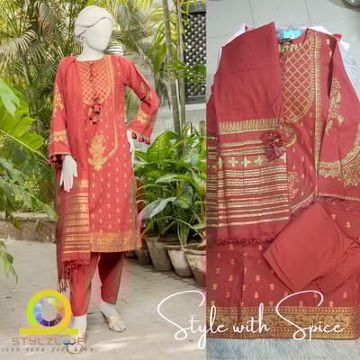 MAROON JACQUARD WOVEN STITCHED 3PC | J.LAWN - Image 1