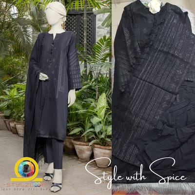 BLACK JACQUARD WOVEN UNSTITCHED 3PC | JLawn - Image 3