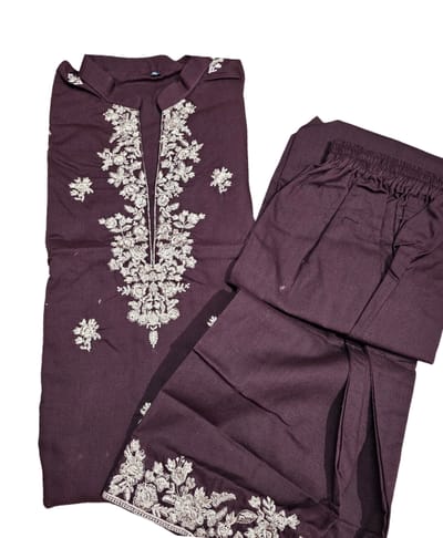 2 Piece Ready to wear Full Body Embroidered Cotton- Coffee color - Image 2