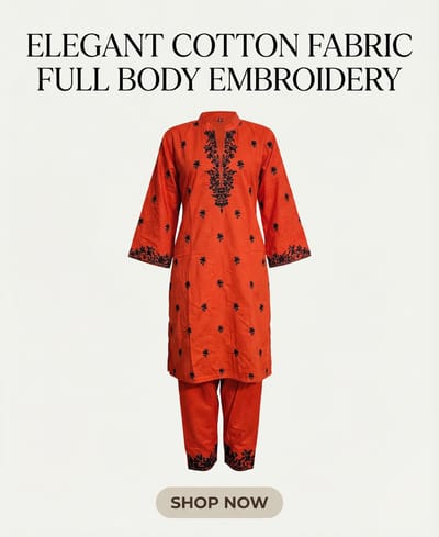 2 Piece Ready to wear Full Body Embroidered Cotton Shirt & Trouser | Orange - Image 3