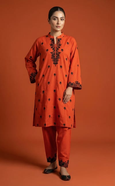 2 Piece Ready to wear Full Body Embroidered Cotton Shirt & Trouser | Orange - Image 2