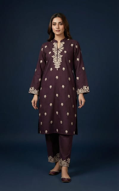 2 Piece Ready to wear Full Body Embroidered Cotton- Coffee color - Image 3