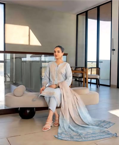 3 piece Luxurious-Embroidered Collection by Tawakkal - Misty Blue - Image 1