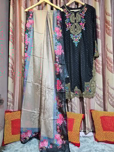3 piece Luxurious-Embroidered Collection by Tawakkal - Black - Image 2