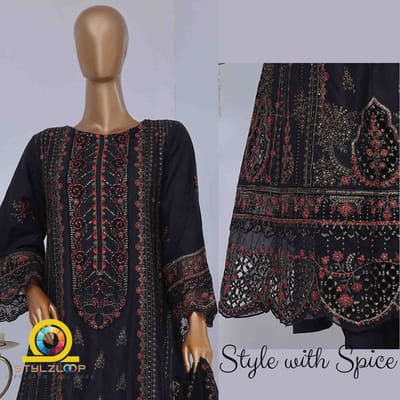 3 Piece Stitched Luxury Self Embroidered Frock Elegant Lawn Collection | Bin Saeed-Black Frock (Imported from Pakistan) - Image 3