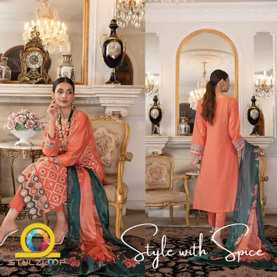 3 Piece BAHAR Stitched Elegant Lawn Collection | Regalia- ORANGE (Imported from Pakistan) - Image 3