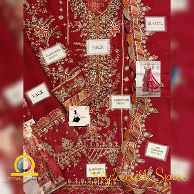 4 pc Maria B Chiffon Pakistani Suit Un-stitched | Red Full body Embrodery - Image 2