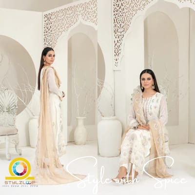 Cala Embroidered Chiffon By Tawakkal | Semi-stitched | White - Image 2