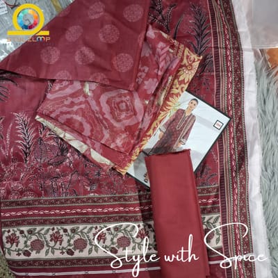 3 Piece Unstitched Komal Prints With Printed Chiffon Dupatta | Lakhany Maroon - Image 2