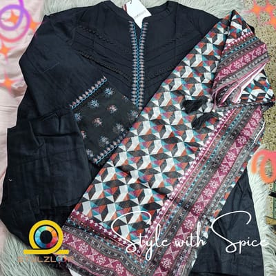 03 Piece Ready to wear dyed Embroidered with printed dupatta | Lakhany-Black (Imported from Pakistan) - Image 2