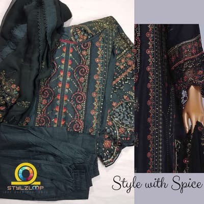 3 Piece Stitched Luxury Self Embroidered Frock Elegant Lawn Collection | Bin Saeed-Black Frock (Imported from Pakistan) - Image 4