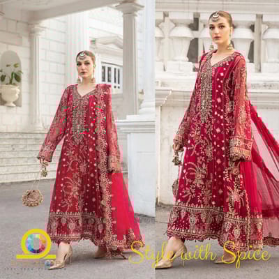 4 pc Maria B Chiffon Pakistani Suit Un-stitched | Red Full body Embrodery - Image 3