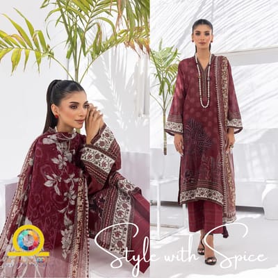 3 Piece Unstitched Komal Prints With Printed Chiffon Dupatta | Lakhany Maroon - Image 3